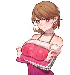 Rule 34 | 1girl, arms under breasts, bagjunba (qkrgk198), breasts, bright pupils, brown eyes, brown hair, choker, closed mouth, collarbone, commentary, commentary request, detached sleeves, dress, earrings, fur-trimmed dress, fur trim, highres, jewelry, mixed-language commentary, persona, persona 3, persona 3 reload, pink dress, short hair, simple background, sleeveless, sleeveless dress, smile, solo, sparkle, swept bangs, takeba yukari, upper body, white background, white choker, white pupils