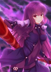 Rule 34 | 1girl, absurdres, black pantyhose, black thighhighs, blush, breasts, cleavage, covered erect nipples, fate/grand order, fate (series), gu li, highres, long hair, looking at viewer, medium breasts, pantyhose, purple hair, red eyes, scathach (fate), smile, solo, thighhighs