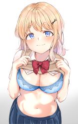 Rule 34 | 1girl, absurdres, blonde hair, blue bra, blue eyes, blue skirt, blush, bow, bowtie, bra, breasts, brown vest, cleavage, closed mouth, clothes lift, collared shirt, dress shirt, hair ornament, hairclip, hands up, highres, looking at viewer, medium breasts, medium hair, navel, original, pleated skirt, red bow, red bowtie, school uniform, shiitake taishi, shirt, shirt lift, short eyebrows, simple background, skirt, smile, solo, stomach, sweater vest, thick eyebrows, underwear, vest, vest lift, white background, white shirt, x hair ornament