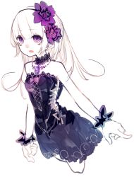 Rule 34 | 1girl, bare shoulders, corset, flower, hair flower, hair ornament, jewelry, lace-trimmed collar, lace-up top, lace trim, long hair, necklace, open mouth, original, pale color, pendant, pointing, purple eyes, riuichi, simple background, sketch, solo, upper body, white background, white hair, wrist cuffs