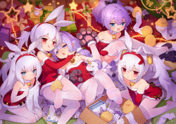 Rule 34 | + +, 5girls, animal ears, animal hands, azur lane, bat ornament, bell, between legs, blue eyes, breasts, christmas, christmas present, clothes pull, detached sleeves, double bun, dress, elbow gloves, fake animal ears, gift, gloves, green eyes, hair bun, hand between legs, highres, hug, javelin (azur lane), laffey (azur lane), le malin (azur lane), long hair, low twintails, manjuu (azur lane), medium hair, multiple girls, neck bell, no shoes, pantyhose, pantyhose pull, paw gloves, purple eyes, purple hair, purple ribbon, rabbit ears, red eyes, ribbon, sitting, small breasts, strapless, strapless dress, tongue, tongue out, tsubasa tsubasa, twintails, unicorn (azur lane), vampire (azur lane), wariza, white gloves, white hair, white pantyhose, wide ponytail