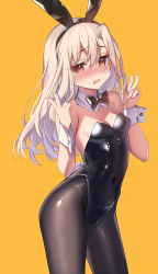 Rule 34 | 1girl, animal ears, bare shoulders, black leotard, black pantyhose, blush, bow, bowtie, breasts, commentary, covered navel, detached collar, double v, fake animal ears, fate/kaleid liner prisma illya, fate (series), hair between eyes, highleg, highleg leotard, highres, illyasviel von einzbern, leotard, long hair, looking at viewer, open mouth, pantyhose, playboy bunny, rabbit ears, rabbit tail, red eyes, santa (sunflower), sidelocks, small breasts, solo, strapless, strapless leotard, tail, thighs, v, white hair, wrist cuffs, yellow background