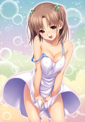 Rule 34 | 1girl, :d, absurdres, bare shoulders, blush, bracelet, breasts, breasts squeezed together, brown eyes, brown hair, character request, cleavage, collarbone, covered erect nipples, dress, dress tug, face, female focus, hair bobbles, hair ornament, highres, jewelry, koutaro, medium breasts, no bra, off shoulder, open mouth, shiny skin, short hair, smile, solo, strap slip, sundress, twintails, v arms, wind, wind lift