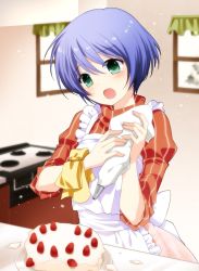 Rule 34 | 1girl, air (visual novel), apron, artist request, blue hair, cake, food, frilled apron, frills, green eyes, highres, icing, kirishima kano, kitchen, open mouth, pastry bag, red sweater, short hair, solo, stove, strawberry shortcake, striped clothes, striped sweater, sweater, white apron, window