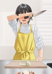 Rule 34 | 1girl, apron, blurry, blurry background, blush, covered eyes, cutting board, cutting onions, depth of field, holding, holding knife, indoors, knife, long sleeves, mattaku mousuke, nose blush, open mouth, original, puffy long sleeves, puffy sleeves, shirt, sleeves pushed up, solo, sweat, tears, white shirt, yellow apron