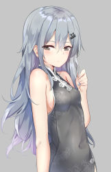 Rule 34 | 1girl, absurdres, alternate costume, bare shoulders, blush, breasts, brown eyes, china dress, chinese clothes, closed mouth, covered erect nipples, covered navel, dress, g11 (girls&#039; frontline), girls&#039; frontline, grey background, grey dress, hair between eyes, hair ornament, hairclip, highres, holding, holding own hair, long hair, looking at viewer, medium breasts, messy hair, no bra, side slit, sidelocks, silver hair, simple background, sleeveless, sleeveless dress, solo, sunhyun, very long hair