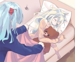 Rule 34 | 2girls, beige shirt, blue hair, blue skirt, blush, bow, closed eyes, copyright request, couch, covering with blanket, hair between eyes, hair bow, hamaru (s5625t), hands in opposite sleeves, indoors, long hair, long sleeves, lying, multiple girls, hugging object, on couch, on side, one side up, parted lips, pillow, red bow, silver hair, skirt, sleeping, stuffed animal, stuffed toy, teddy bear, very long hair