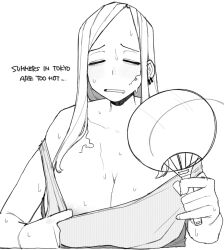 Rule 34 | 1girl, blush, breasts, cleavage, clothes pull, earrings, english text, hand fan, jewelry, large breasts, monochrome, ohasi, original, pink (ohasi), shirt pull, sleeveless, solo, sweat