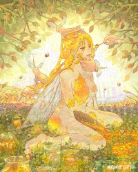 Rule 34 | 1girl, artist name, bee, blonde hair, breasts, bug, flower, full body, highres, honey, honeycomb (object), insect, insect wings, jar, leaf, liquid hair, medium breasts, nude, open mouth, original, paperlarva, plant, purple flower, smile, solo, surreal, tiara, tree, white flower, wings