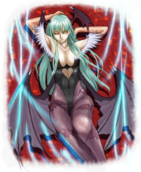 Rule 34 | 1girl, aqua hair, arms up, bare shoulders, bat wings, breasts, capcom, cleavage, demon girl, detached sleeves, elbow gloves, gloves, head wings, ill-zyon, ill (0022), large breasts, leotard, long hair, lying, morrigan aensland, pantyhose, solo, demon girl, vampire (game), wings, yellow eyes