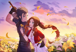 Rule 34 | 1boy, 1girl, :d, aerith gainsborough, arm around waist, belt, blue eyes, bow, bracelet, breasts, brown gloves, brown hair, cleavage, dress, field, final fantasy, final fantasy vii, flower, flower field, gloves, hair bow, hetero, highres, holding, holding flower, holding sword, holding weapon, jacket, jewelry, mt (ringofive), open mouth, outdoors, petals, pink ribbon, red jacket, resolution mismatch, ribbon, short sleeves, smile, source smaller, sword, twilight, weapon, white dress, zack fair