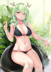 Rule 34 | 1girl, antlers, bare arms, bare shoulders, bikini, black bikini, braid, branch, breasts, ceres fauna, cleavage, collarbone, commentary request, feet out of frame, flower, green hair, hair between eyes, hair flower, hair ornament, hinoka (allen), hololive, hololive english, horns, leaf, long hair, looking at viewer, medium breasts, multicolored hair, navel, parted lips, sitting, smile, solo, swimsuit, two-tone hair, virtual youtuber, water, waterfall, white flower, yellow eyes