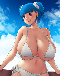 Rule 34 | 1girl, absurdres, bad id, bad twitter id, bikini, blue hair, breasts, erkaz, highres, huge breasts, looking to the side, original, outdoors, red eyes, rina atherina, short twintails, swimsuit, towel around waist, twintails, veins, veiny breasts