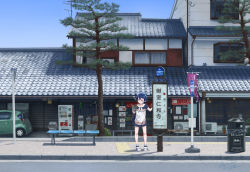 Rule 34 | 1girl, ?, ??, arrow (symbol), bad id, bad pixiv id, bag, bench, blue eyes, blue hair, blue shorts, blush, bus stop, car, chair, closed mouth, hair ornament, hairclip, holding, house, kyoto, map, matching hair/eyes, motor vehicle, neckerchief, original, outdoors, ramii, real world location, sailor collar, scenery, shirt, short hair, short sleeves, shorts, signpost, silhouette, solo, standing, striped clothes, striped shirt, tactile paving, trash can, vending machine