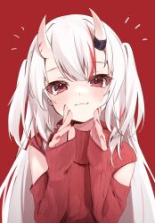 Rule 34 | 1girl, :3, blush, clothing cutout, commentary request, highres, hololive, horns, long hair, long sleeves, multicolored hair, nail polish, nakiri ayame, red background, red eyes, red hair, red nails, red sweater, ribbed sweater, shiro hebi rei, shoulder cutout, simple background, skin-covered horns, solo, streaked hair, sweater, turtleneck, turtleneck sweater, two side up, upper body, virtual youtuber, white hair