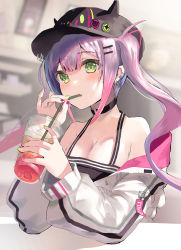 Rule 34 | 1girl, baseball cap, bibi (tokoyami towa), black choker, black hat, black tank top, blurry, blurry background, blush, breasts, choker, cleavage, commentary, dodota, drink, drinking straw, ear piercing, fake horns, green eyes, green nails, hair ornament, hairclip, hat, highres, holding, holding drink, hololive, horned headwear, horns, indoors, jacket, long hair, looking down, medium breasts, multicolored nails, nail polish, o-ring, o-ring choker, off shoulder, open mouth, piercing, pink hair, pink nails, pointy ears, purple hair, purple nails, sitting, solo, tank top, tokoyami towa, twintails, virtual youtuber, white jacket, yellow nails