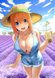 Rule 34 | 1girl, absurdres, blue eyes, breasts, bubble tea, center opening, cleavage, collarbone, cup, drinking straw, go-toubun no hanayome, hair between eyes, hat, highres, kosmos beta, large breasts, looking at viewer, nakano yotsuba, naked overalls, no bra, open mouth, orange hair, overalls, short hair, straw hat, thighs, tree