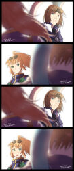Rule 34 | 1boy, 1girl, 4koma, ashton anchors, blush, brown hair, cape, chimaki (impressiveanarchy), closed mouth, comic, dated, dragon, eyewear on head, gloves, green eyes, headband, highres, long hair, open mouth, ponytail, precis neumann, simple background, smile, star ocean, star ocean the second story, white background