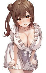 Rule 34 | 1girl, blush, breasts, brown eyes, brown hair, cevio, cleavage, collarbone, commentary request, dress, frilled dress, frills, glaze artifacts, hair between eyes, hair bun, highres, large breasts, long hair, looking at viewer, open mouth, satou sasara, short sleeves, side ponytail, sidelocks, simple background, smile, solo, standing, tenneko yuuri, white background, white dress