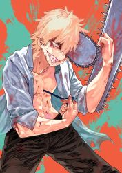 1boy, bare pecs, bleeding, blonde hair, blood, blood on face, bloody clothes, bloody hands, bloody weapon, chainsaw, chainsaw man, collarbone, denji (chainsaw man), highres, male focus, navel, otsudou, pulling, sharp teeth, smile, solo, splatter, teeth, torn clothes, veins, weapon, white eyes