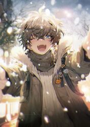 Rule 34 | 1boy, alban knox, brown hair, capybara roll, coat, commentary, grey coat, grey eyes, grey scarf, male focus, nijisanji, nijisanji en, one eye closed, open clothes, open coat, outdoors, outstretched arms, scarf, snow, solo, spread arms, sweater, symbol-only commentary, teeth, upper teeth only, virtual youtuber, white sweater, winter