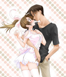 Rule 34 | 1boy, 1girl, blush, breasts, brown eyes, brown hair, cleavage, couple, dark skin, dress, eye contact, face-to-face, hattori heiji, hetero, highres, ito, looking at another, meitantei conan, open mouth, pants, ponytail, short hair, surprised, thighhighs, tooyama kazuha
