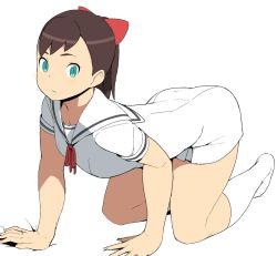 Rule 34 | 1girl, accio, all fours, bent over, brown hair, dress, green eyes, hebihara emiko, kneehighs, looking at viewer, original, ponytail, socks, solo, thick thighs, thighs