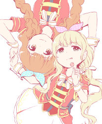 Rule 34 | 2girls, :3, :q, alternate hairstyle, band uniform, blonde hair, blue bow, bow, braid, brown eyes, brown hair, candy, closed mouth, dated, dot nose, epaulettes, eyelashes, flat color, food, frilled skirt, frills, futaba anzu, green eyes, hair bow, hairband, holding, holding candy, holding food, holding hands, idolmaster, idolmaster cinderella girls, lollipop, long hair, looking at another, looking up, low twintails, moroboshi kirari, multiple girls, nagian, pink bow, polka dot, polka dot bow, red vest, simple background, skirt, tongue, tongue out, twin braids, twintails, upside-down, vest, wavy hair, white background, white bow, white skirt, wrist cuffs
