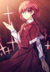 Rule 34 | 1girl, backlighting, blurry, blurry background, bow, braid, cape, capelet, collared shirt, cross, kaede (mmkeyy), light, light particles, long skirt, long sleeves, looking at viewer, okazaki yumemi, red eyes, red hair, red skirt, red theme, red vest, shirt, short hair, single braid, skirt, skirt set, smile, solo, touhou, touhou (pc-98), vest, white shirt