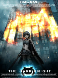 Rule 34 | 1girl, batman (series), blue hair, building, burning, burning building, cape, dc comics, dual wielding, english text, fire, holding, kyubey, magical girl, mahou shoujo madoka magica, mahou shoujo madoka magica (anime), miki sayaka, movie poster, parody, poster (medium), shaded face, short hair, silhouette, solo, spoilers, sword, the dark knight, thighhighs, weapon, yasutake