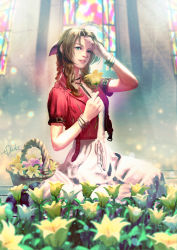 Rule 34 | 1girl, aerith gainsborough, bow, braid, breasts, brown hair, church, commentary request, cropped jacket, dress, final fantasy, final fantasy vii, final fantasy vii remake, flower, green eyes, hair ribbon, highres, long dress, long hair, looking at viewer, pink bow, pink dress, ribbon, sitting, solo, tdsuke
