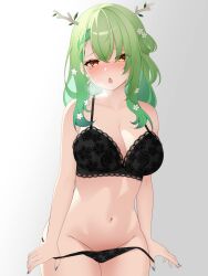 Rule 34 | 1girl, absurdres, antlers, black bra, black panties, blush, bra, braid, braided bangs, breasts, ceres fauna, cowboy shot, drey525, earrings, flower, green hair, green nails, hair flower, hair ornament, highres, hololive, hololive english, horns, jewelry, large breasts, long hair, looking at viewer, mole, mole under eye, navel, open mouth, panties, panty pull, solo, underwear, virtual youtuber, white background, yellow eyes