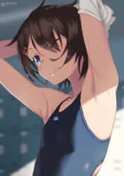 Rule 34 | 1girl, ;), armpits, arms up, artist name, bare shoulders, black hair, blue eyes, blurry, blurry background, blush, character request, closed mouth, collarbone, competition swimsuit, depth of field, eyes visible through hair, flat chest, from below, gridman universe, hair ornament, hair over one eye, hairclip, highres, jonsun, one-piece swimsuit, one eye closed, short hair, smile, solo, ssss.gridman, swimsuit, twitter username, undressing, upper body