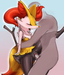 Rule 34 | 1boy, 1girl, animal ears, blue background, blush, braixen, breasts, clitoris, closed eyes, creatures (company), erection, fading, fang, fox ears, fox tail, furry, game freak, gen 6 pokemon, gradient background, grey background, hetero, highres, ibushiro, interspecies, leg lift, nintendo, open mouth, penis, pokemon, pokemon (creature), pokemon xy, pokephilia, pussy, pussy juice, sex, shiny skin, simple background, small breasts, spread legs, standing, steam, stick, tail, teeth, tongue, uncensored, vaginal