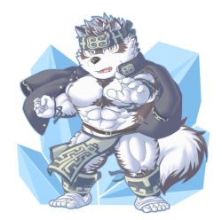 Rule 34 | 1boy, abs, ainu, ainu clothes, animal ears, bara, bare pectorals, bulge, chest hair, chibi, full body, furry, furry male, grey fur, grey hair, headband, horkeu kamui, jacket, jacket on shoulders, large pectorals, male focus, muscular, muscular male, navel, nipples, pectorals, pelvic curtain, short hair, solo, stomach, tail, thick thighs, thighs, tokyo houkago summoners, two-tone fur, white fur, wolf boy, wolf ears, wolf tail, yellow eyes, yuki (m0000rgn)