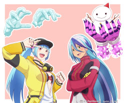 Rule 34 | 2girls, absurdres, baseball cap, blue hair, bodysuit, chicotarous, cosplay, costume switch, crossed arms, hat, highres, isla (kof), jacket, kula diamond, long hair, multiple girls, open mouth, snowman, the king of fighters, v