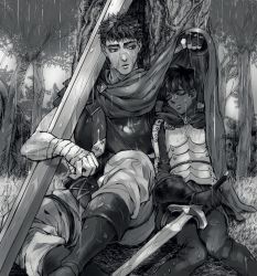 Rule 34 | 1boy, 1girl, armor, bandaged hand, bandages, berserk, black hair, blush, boots, cape, casca (berserk), closed eyes, dark skin, fingerless gloves, gloves, greyscale, guts (berserk), highres, holding, holding sword, holding weapon, kkuwa, leaning on object, leaning on person, leaning to the side, monochrome, rain, shared cape, shared clothes, short hair, sitting, sword, thigh boots, thighhighs, tree, weapon, wet