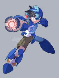 Rule 34 | 1boy, absurdres, arm cannon, blue eyes, brown hair, brown shorts, character request, check character, check copyright, child, clenched hand, clenched teeth, copyright request, fantasy, grey background, highres, male focus, mechanical arms, mega man (character), mega man (classic), mega man (series), mega man 11, science fiction, shirt, short hair, shorts, simple background, tanaka (is2 p), teeth, transformation, weapon, white shirt