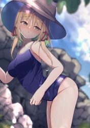 Rule 34 | 1girl, :o, absurdres, armpit peek, ass, bent over, blonde hair, blue one-piece swimsuit, blue sky, blurry, blurry background, blush, breasts, brown hat, cleavage, cloud, collarbone, cowboy shot, darumoon, furrowed brow, groin, hair ribbon, half-closed eyes, hat, highres, horizontal pupils, long hair, looking back, looking to the side, medium breasts, moriya suwako, mountain of faith, new school swimsuit, nose blush, one-piece swimsuit, open mouth, outdoors, red ribbon, ribbon, rock, school swimsuit, sidelocks, sky, solo, swimsuit, thighs, touhou, yellow eyes