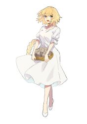 Rule 34 | 1girl, alternate costume, basket, blue eyes, blush, braid, braided ponytail, collarbone, commentary request, dress, fate/apocrypha, fate/grand order, fate (series), full body, highres, holding, holding basket, jeanne d&#039;arc (fate), kabutomushi s, long hair, looking at viewer, open mouth, potato, puffy short sleeves, puffy sleeves, shoes, short sleeves, simple background, smile, solo, very long hair, white background, white dress, white footwear