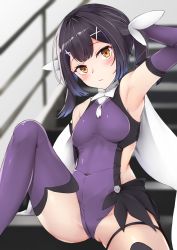 Rule 34 | 1girl, arm behind back, arm up, armpits, bare shoulders, black hair, blurry, blurry background, blush, breasts, brown eyes, closed mouth, commentary request, covered navel, depth of field, elbow gloves, fate/kaleid liner prisma illya, fate (series), feet out of frame, gloves, hair ornament, hairclip, highres, indoors, knee up, leotard, long hair, looking at viewer, magical sapphire, miyu edelfelt, ponytail, purple gloves, purple leotard, purple thighhighs, railing, sashimi nasu, sitting, sitting on stairs, small breasts, solo, stairs, thighhighs, x hair ornament