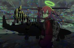 Rule 34 | 1girl, 2015, aircraft, angel, backpack, bag, camouflage bag, cowboy shot, facepaint, glitch, green eyes, halo, helicopter, jacket, looking away, narrowed eyes, original, red hair, red jacket, ro47, solo, standing, twintails
