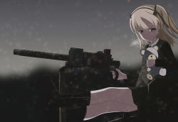 Rule 34 | 10s, 1girl, bandages, blonde hair, boko (girls und panzer), boots, brown eyes, browning m1919, crossed legs, girls und panzer, haamon (harmon), hair between eyes, highres, long hair, medium machine gun, selection university military uniform, shimada arisu, short twintails, solo, stuffed animal, stuffed toy, teddy bear, twintails, vipper captain