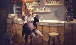 Rule 34 | 1girl, alcohol, animal ear fluff, animal ears, arknights, bad id, bad pixiv id, bar (place), beer keg, black jacket, black shorts, bottle, breasts, brown eyes, brown hair, commentary, cup, drinking glass, electric guitar, english commentary, fender stratocaster, fur-trimmed jacket, fur-trimmed shorts, fur trim, guitar, hair between eyes, high ponytail, highres, holding, holding cup, instrument, jacket, lion ears, long sleeves, looking at viewer, medium breasts, open clothes, open jacket, ponytail, short shorts, shorts, shot glass, siege (arknights), sitting, solo, stool, tank top, white tank top, zain (jiha3905)