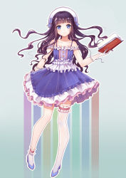 Rule 34 | 1990s (style), 1girl, absurdres, asymmetrical legwear, bare shoulders, black hair, blue eyes, blue footwear, blunt bangs, book, bow, cardcaptor sakura, daidouji tomoyo, dress, frilled dress, frilled thighhighs, frills, full body, gloves, hat, hat bow, highres, long hair, looking at viewer, mismatched legwear, retro artstyle, shoes, single thighhigh, smile, solo, thighhighs, white thighhighs, yuhuan
