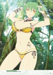 Rule 34 | 1girl, :o, armpits, arms up, bikini, breast tattoo, breasts, bunching hair, forest, green hair, groin, highres, hikage (senran kagura), holding, holding hair, large breasts, lens flare, light rays, looking at viewer, nature, navel, official art, open mouth, senran kagura, senran kagura new wave, short hair, short twintails, slit pupils, solo, sunlight, swimsuit, tattoo, twintails, yaegashi nan, yellow bikini, yellow eyes