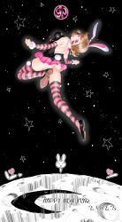 Rule 34 | 2023, absurdres, animal ears, ass, bare back, black footwear, black shirt, breasts, brown hair, detached sleeves, from behind, fur trim, hairband, happy new year, heart, highres, hunter x hunter, looking at viewer, looking back, medium breasts, microskirt, moon, new year, pink eyes, pink skirt, piyon (hunter x hunter), pleated skirt, rabbit ears, rabbit tail, shirt, shoes, short hair, skirt, star (sky), striped clothes, striped sleeves, striped thighhighs, tail, thighhighs, white hairband, yasuaki