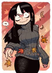 Rule 34 | 1girl, absurdres, autumn leaves, bags under eyes, black dress, border, breasts, dress, grey sweater, head tilt, highres, large breasts, long dress, long hair, looking at viewer, mixed-language commentary, multicolored background, noss &amp; zakuro, noss (rariatto), rariatto (ganguri), speech bubble, sweater, turtleneck, turtleneck sweater, twitter username, vampire, wavy mouth, white border