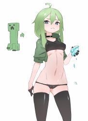 Rule 34 | 1girl, ahoge, bad id, bad twitter id, bigsharkuncle, black gloves, cameltoe, choker, collarbone, covered erect nipples, creeper, feet out of frame, gloves, green eyes, green hair, half gloves, highres, long hair, midriff, minecraft, navel, personification, simple background, stomach, white background