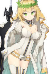 Rule 34 | 10s, 1girl, aestus estus, ahoge, applepie (12711019), bare shoulders, belt, belt skirt, blonde hair, blush, breasts, bridal veil, chain, cleavage, cowboy shot, detached collar, elbow gloves, eyelashes, fate/extra, fate (series), full-length zipper, gloves, green eyes, hair intakes, head wreath, highres, holding, holding sword, holding weapon, leotard, lock, looking at viewer, medium breasts, nero claudius (bride) (fate), nero claudius (bride) (third ascension) (fate), nero claudius (fate), nero claudius (fate) (all), padlock, short hair, solo, standing, strapless, strapless leotard, sword, thighhighs, veil, waist cape, weapon, white gloves, white leotard, white thighhighs, wreath, zipper, zipper pull tab